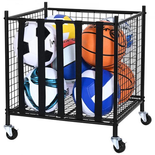 VEVOR Rolling Sports Ball Storage Cart, Lockable Basketball Cage with Elastic Straps, Sport Equipment Holder Organizer for Indoor Outdoor, Steel Storage Rack for Garages, Playgroup, Gym and Schools